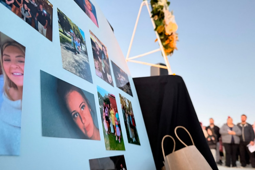 A board containing many photographs of a young woman