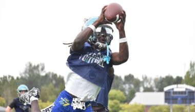 Sayon Rias makes a catch during Auburn Riverside practice. Ben Ray / The Reporter