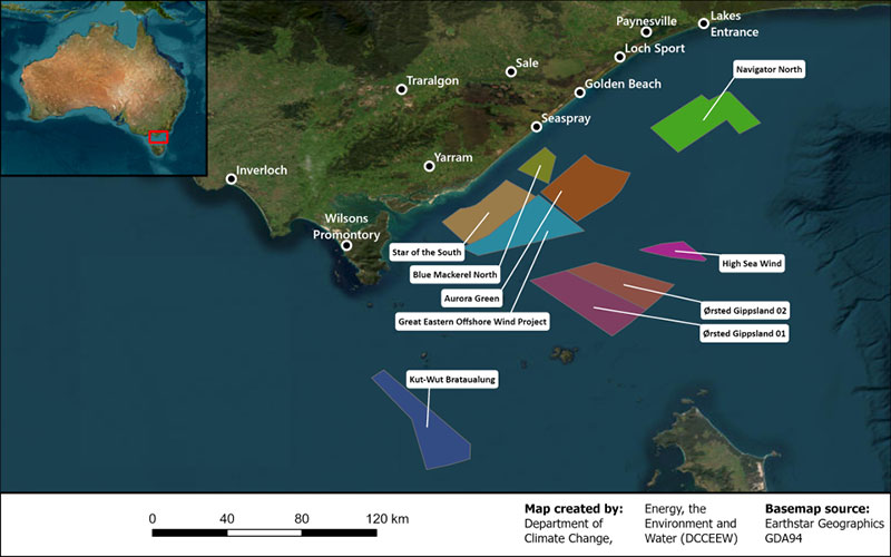 map of Gippsland showing nine proposed windfarm license names