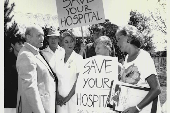 A protest against the proposed closure of Wandin Valley Hospital in May 1987.