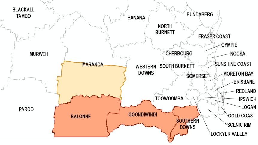 A line map showing Balone, Goondiwindi, Southern Downs and half of Maranoa drought declared.