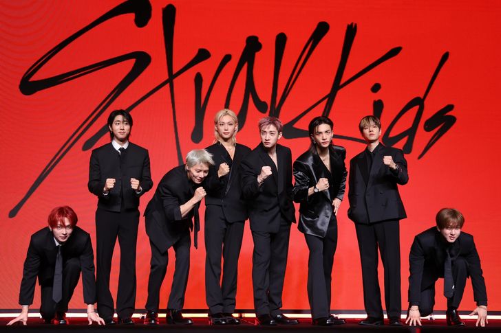 Members of K-pop boy band Stray Kids, from left, Lee Know, Han, I.N, Felix, Bang Chan, Hyunjin, Seungmin and Changbin poses during a press conference for its tenth mini album 'THIS & THAT' at the Conrad Seoul hotel in Seoul, Thursday. Yonhap  
