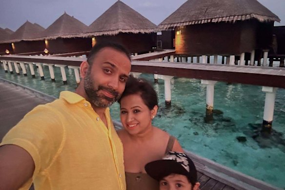 Bharat Mangwani with his wife Neha and son Anjaneya. Mangwani was confirmed missing in the Nepal floods.