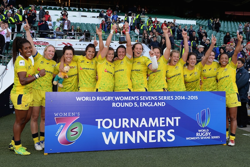 Australia celebrates winning the London Sevens tournament in 2015.