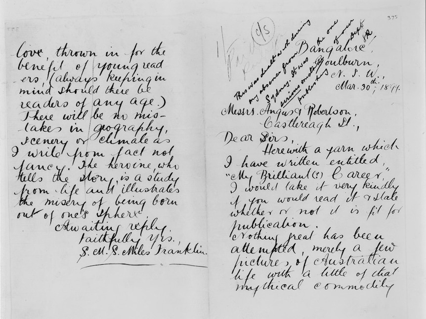 A letter from the writer Miles Franklin to the publishers Angus and Robertson from 1899, cursive black ink on white paper.