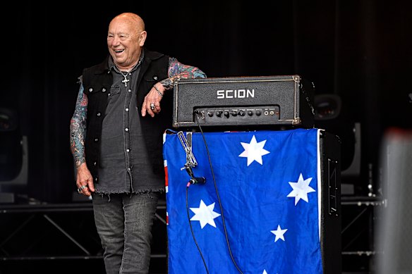 Angry Anderson of Rose Tattoo on stage in Victoria in 2025.