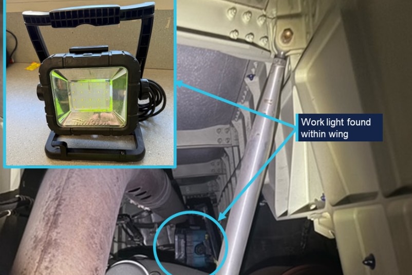 Work light found inside the wing of a Qantas A380 jet.