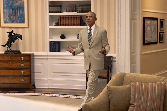 Former president Barack Obama appears in a sketch based in a replica Oval Office, on criticism of him wearing a tan suit in 2014. 