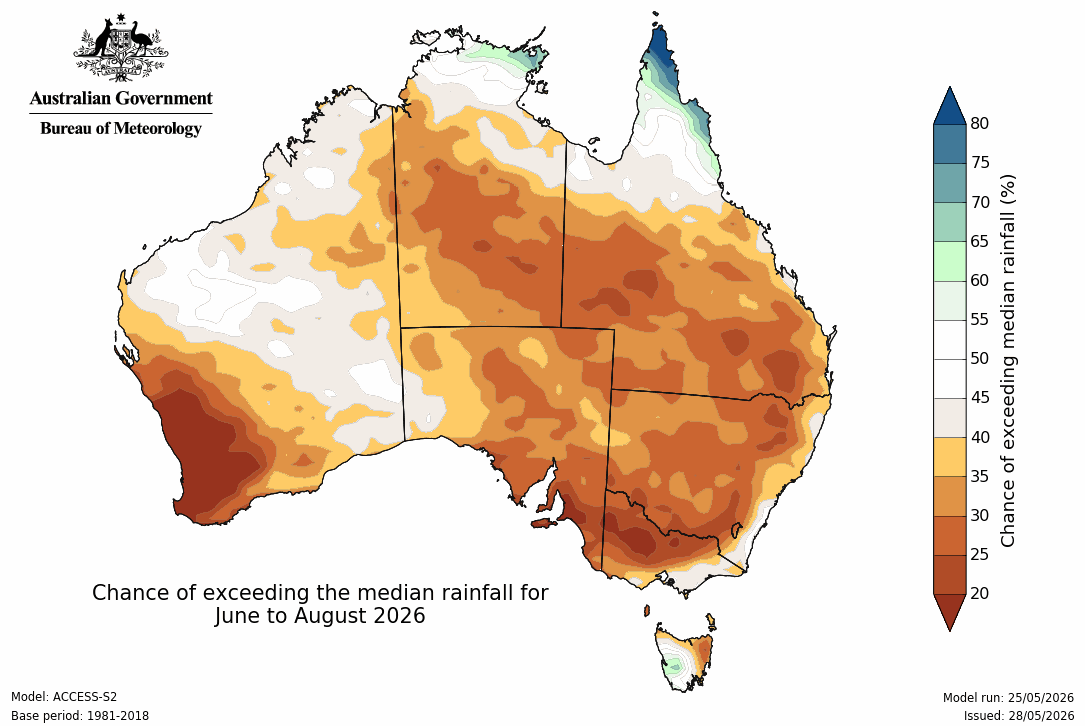A weather map of Australia for winter 2026.