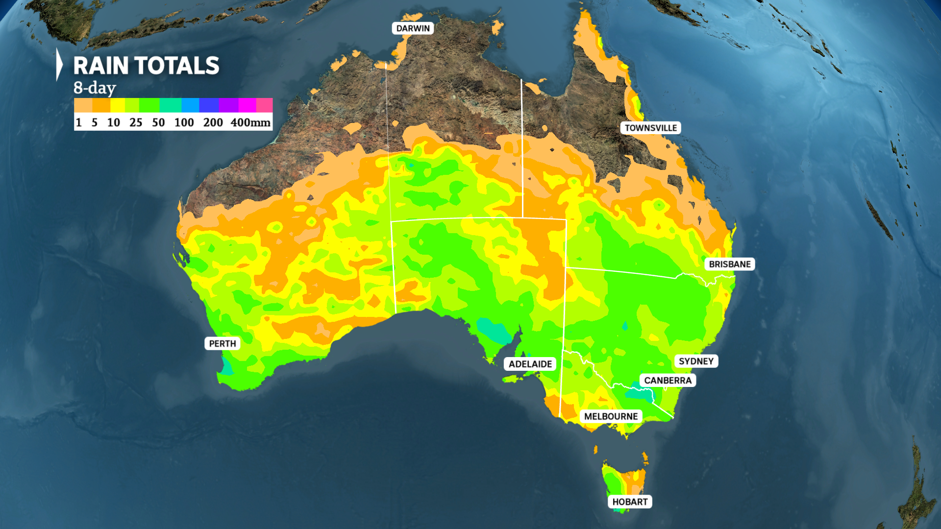 A weather map of Australia shows an eight-day rain forecast.