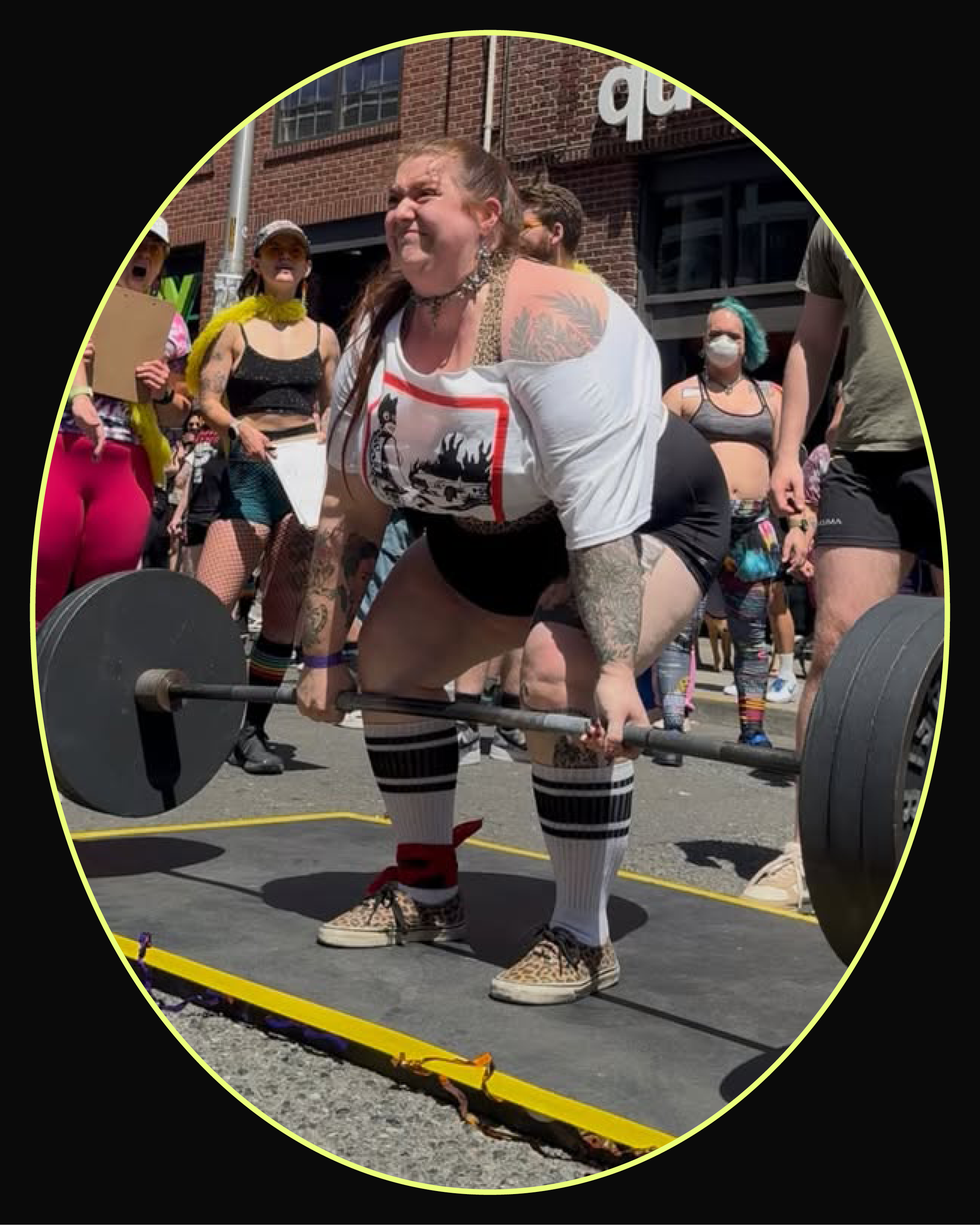 A determined individual lifting a barbell in a vibrant outdoor setting, surrounded by cheering spectators.