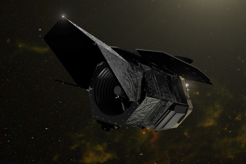 A tube-shaped telescope with a cap over its opening floating in space.