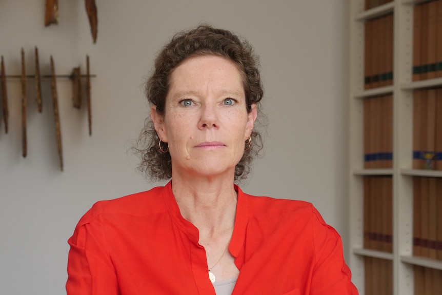 A woman in a red shirt.