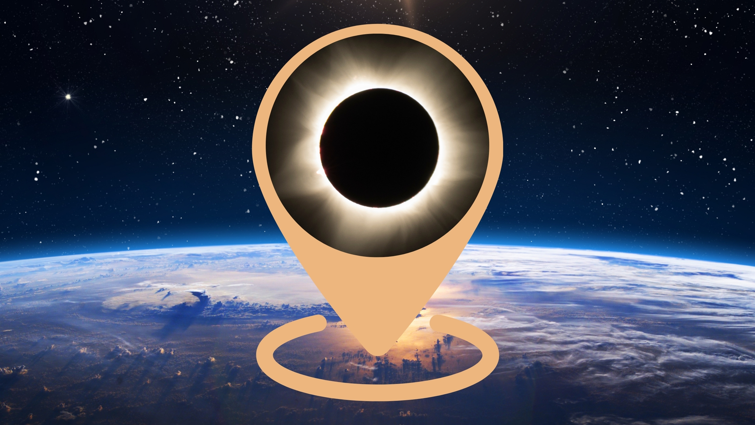 composite graphic image showing a location marker with a total solar eclipse image inside it, situated on top of a background showing earth viewed from space.