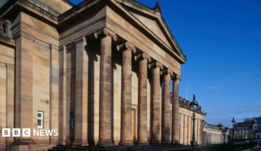 A general view of the National Gallery of Scotland in Edinburgh. It features large stone columns at the front entrance.