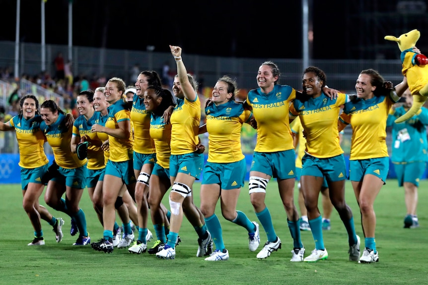 Australia celebrates winning Rio Olympics gold in women's rugby sevens.