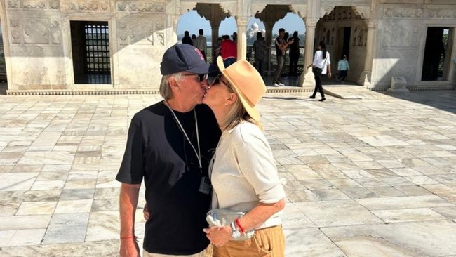 Kay McGrath and fiancé Richard Moore share a moment during their holiday in India.