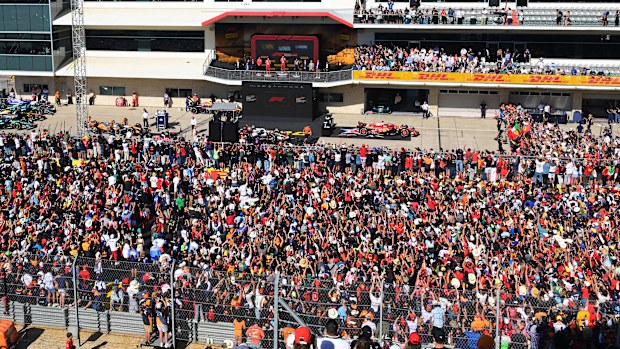 A general view of the podium celebrations during the F1 Grand Prix of United States at Circuit of The Americas on October 20, 2024 in Austin, Texas. (Photo by Mark Sutton/Getty Images)