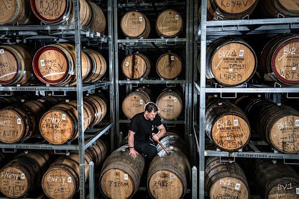Distillery manager Tim Hosken in the Archie Rose barrel room in Banksmeadow.