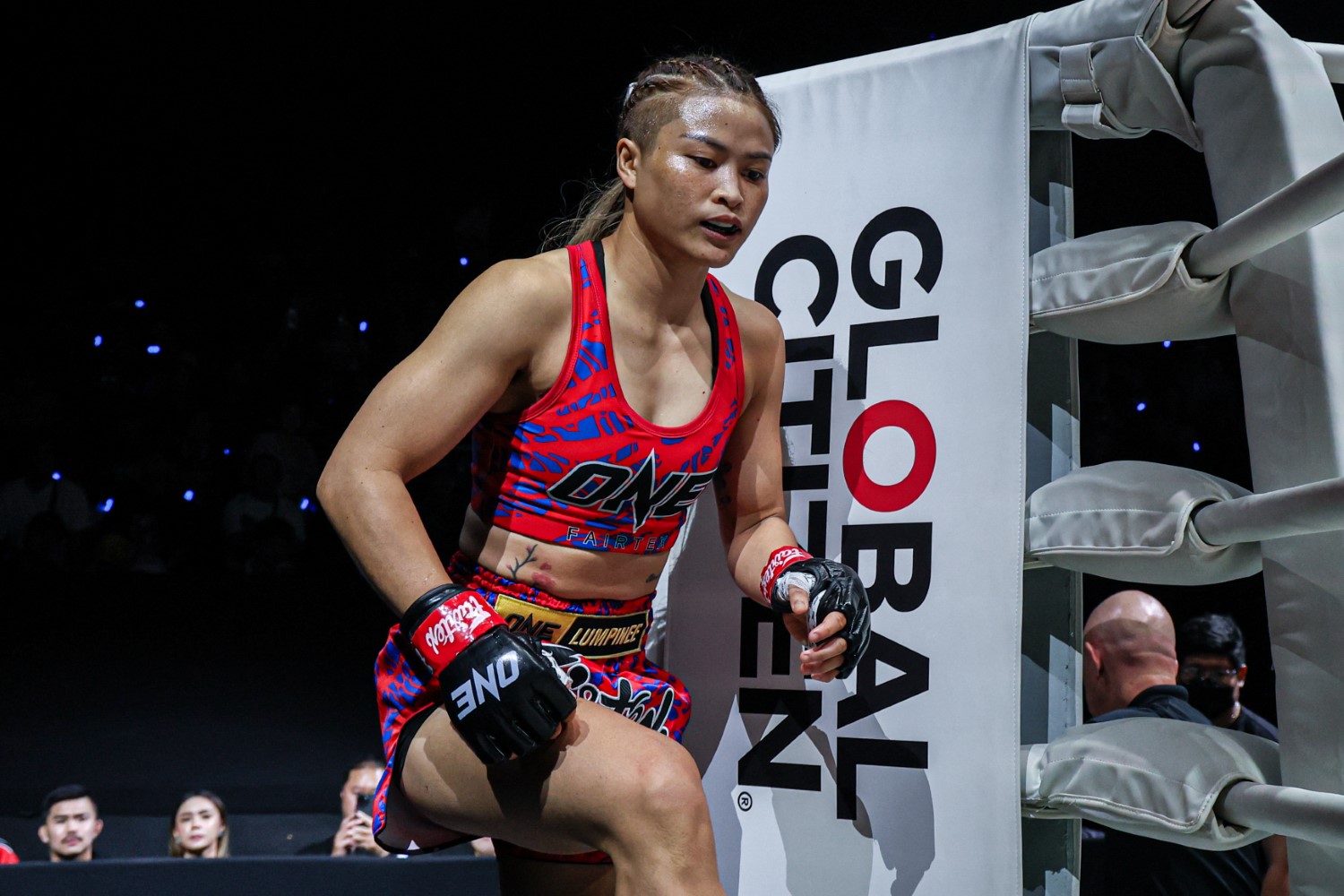 Stamp Fairtex returns to her corner between rounds during her comeback fight against Cynthia Flores