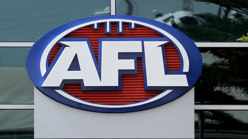 A red, white and blue logo in the shape of a Australian Rules football oval, featuring the letters "AFL".