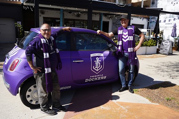 This Dockers inspired Fiat is often parked at the South Freo Continental and last week, owner Carlo Noto and long-time friend and deputy mayor of Fremantle Fedele Camarda drove it to Optus Stadium to watch Freo play.