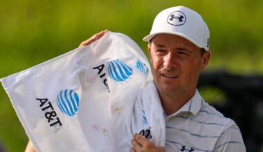 Jordan Spieth uses a towel to wipe his face during the first round of the St. Jude Championship golf tournament Thursday, Aug. 13, 2026, in Memphis, Tenn. (AP Photo/George Walker IV)