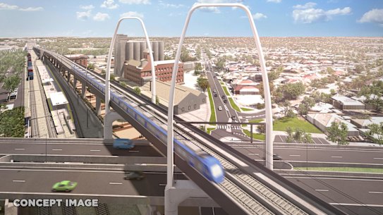 An artist’s impression of a new bridge over the Maribyrnong River, to be built as part of the Melbourne Airport Rail project.