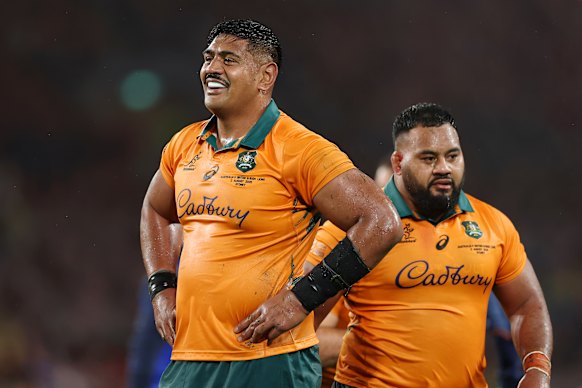 Will Skelton and Taniela Tupou in action for the Wallabies in 2025.