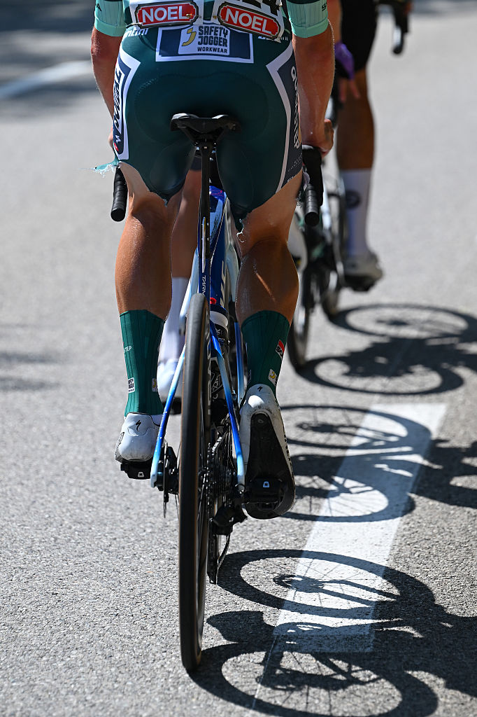 MANOSQUE, MONACO - AUGUST 23: Detailed view of Ethan Hayter of Great Britain and Team Soudal Quick-Step competes in the breakaway with his torn jersey during the La Vuelta - 81st Tour of Spain 2026, Stage 2 a 214.3km from Monaco to Manosque 408m / #UCIWT / on August 23, 2026 in Manosque, Monaco. (Photo by Tim de Waele/Getty Images)