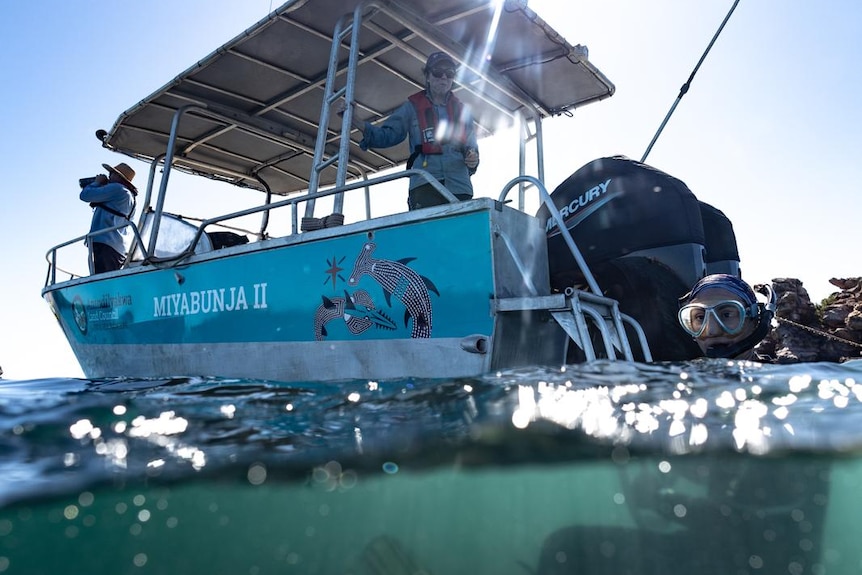 A partially-underwater photo shows a boat floating in the ocean and a diver in the water nearby.