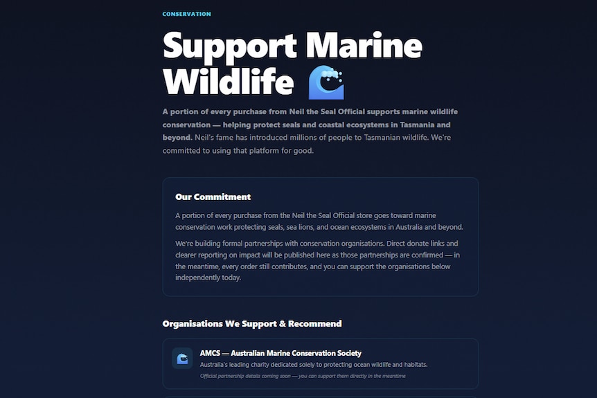 A screenshot of a website, stating a percentage of profits from the merchandise is donated to marine conservation.