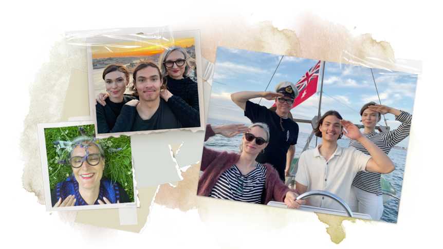 Three photos showing a family of four. One, woman on grass smiling, two, mother adult son adult daughter, three, family in boat