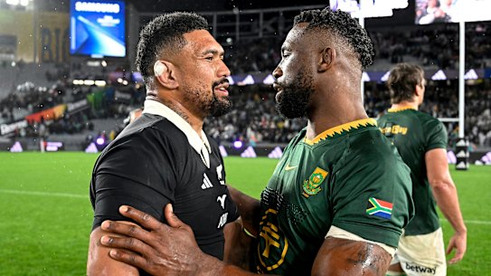 New Zealand’s Ardie Savea and South Africa’s Siya Kolisi following a clash in Auckland in 2025.