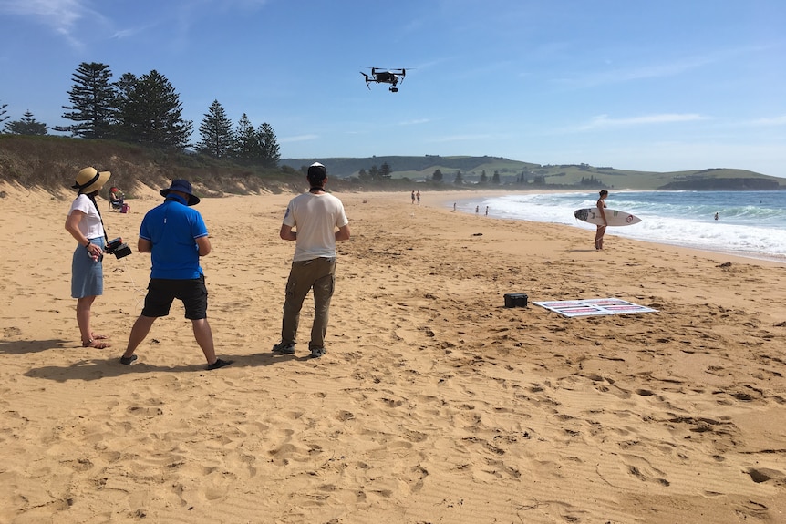 The back of a two men and a woman, all wearing hats, as a drone hovers above a female surfer at the beach on a bright sunny day.