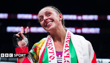 Dakota Ditcheva celebrates beating Denise Kielholtz at PFL New York