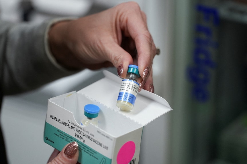A close up of woman’s hand holding a vial of a measles, mumps and rubella vaccine out of a box.