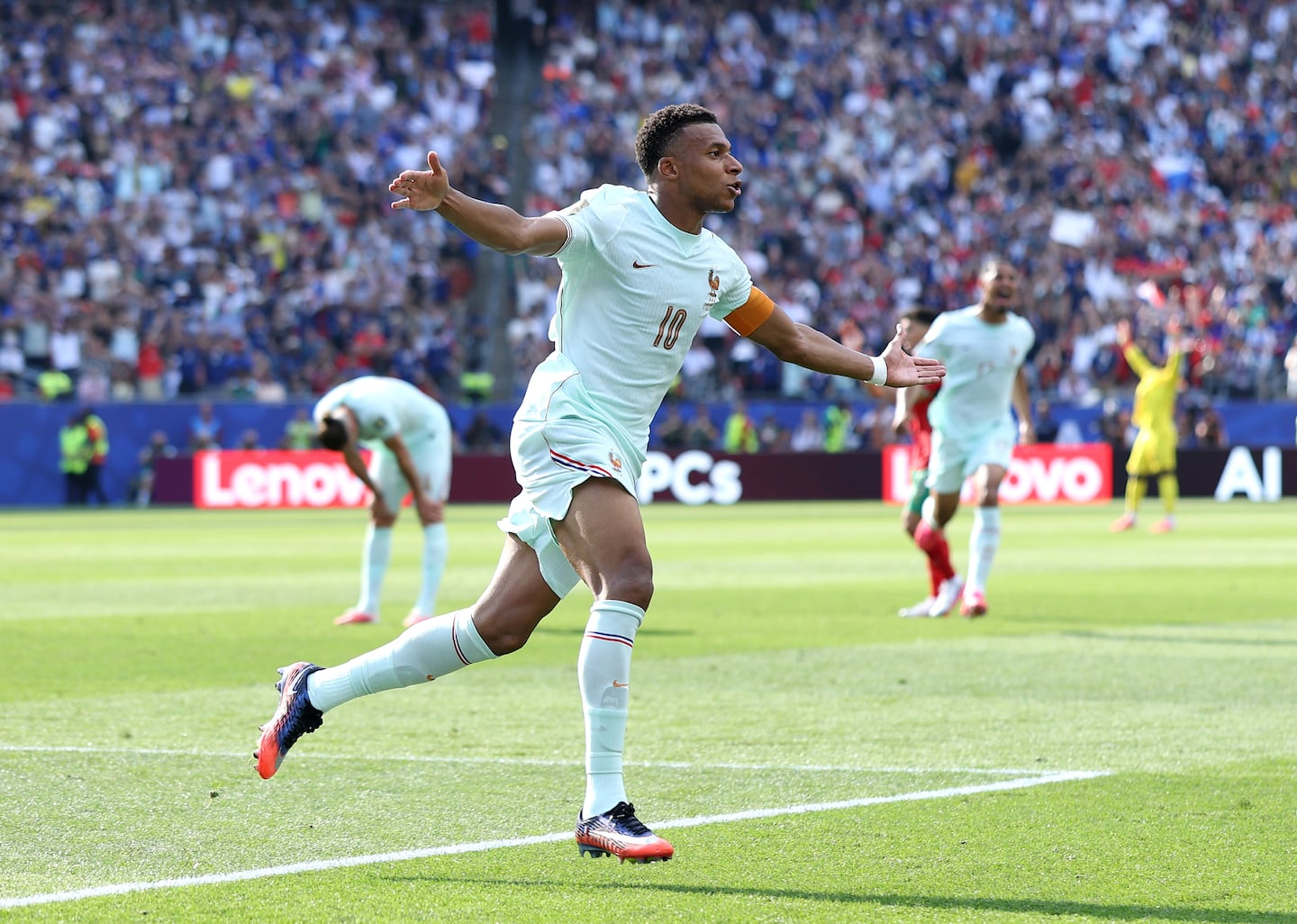 Kylian Mbappe of France celebrates scoring a goal during his team's quarterfinal match against Morocco in Foxborough in July.