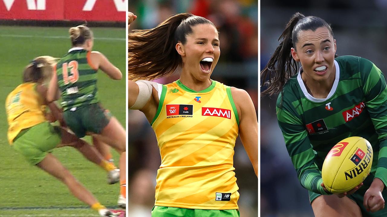 AFLW Australia defeat Ireland scores 2026: Updates, video highlights, Vikki Wall bump on Ella Roberts, stats, reaction