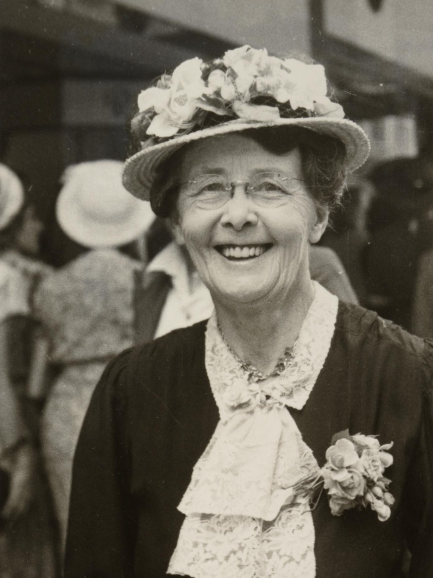 A black and white photo of an older woman in the 1940s, the writer Miles Franklin.