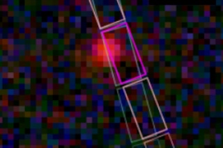 A pixelated red dot in the middle of a darkish pixelated background with analysis rectangles over it.
