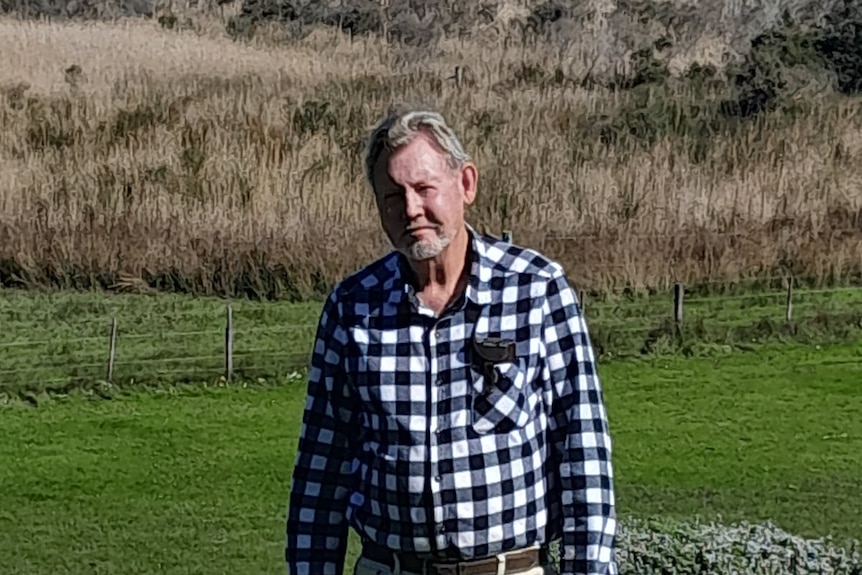 a man in a checkered shirt stands in front of a field