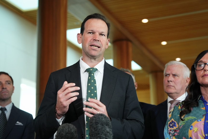 Matt Canavan gestures with his hands as he speaks in front of microphones.