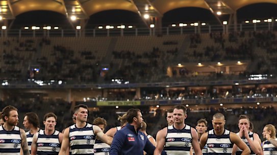 PERTH, AUSTRALIA - AUGUST 01: Patrick Dangerfield of the Cats leads the team from the field after being defeated during the round nine AFL match between West Coast Eagles and the Geelong Cats at Optus Stadium on August 01, 2020 in Perth, Australia. (Photo by Paul Kane/Getty Images)