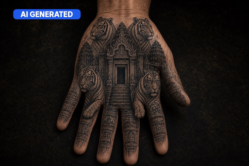 An intricate AI-designed tattoo picturing four tigers and a staircase on the palm of a hand with six fingers