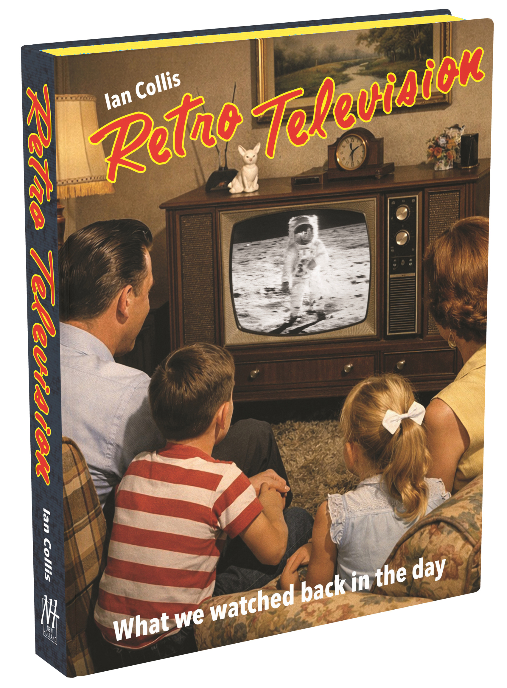 A 3D book cover with a black and white television featuring the moon landing, a family gathered around the TV.