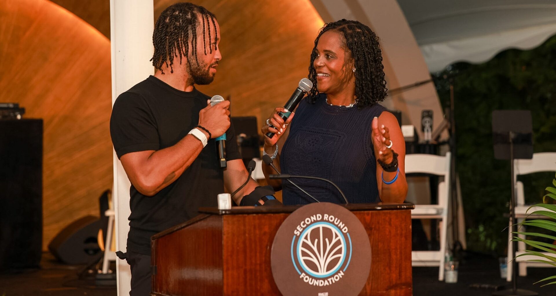 Jalen and Sandra Brunson address crowd at the Second Round Foundation