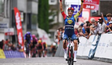 Elisa Balsamo (Lidl - Trek) celebrates after winning the 2026 Egmont Cycling Race in Belgium. (Photo by Luc Claessen/Getty Images)
