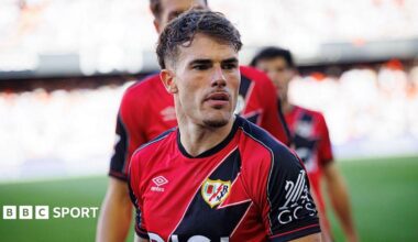 Pep Chavarria looking just off camera while playing for Rayo Vallecano
