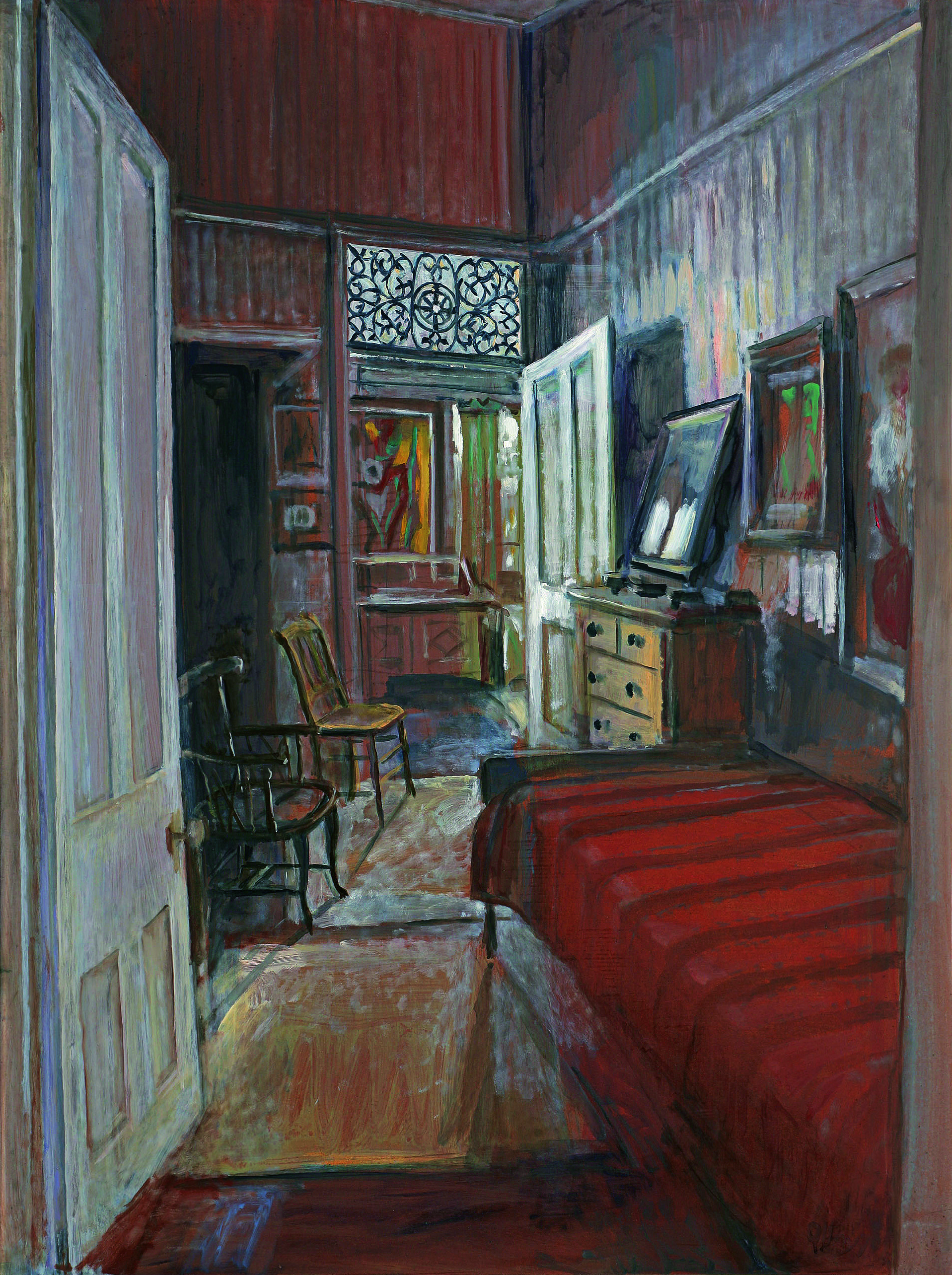 A still life painting of a narrow bedroom, seent rhough an open door, with a single bed, chest of drawers and two wooden chairs.